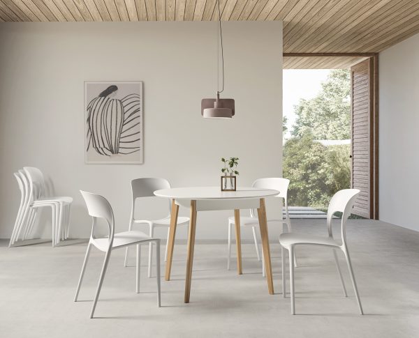 Mesa de cocina o comedor blanca redonda con patas de madera - Modelo Aperta laminado fija