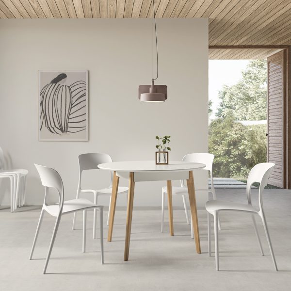 Mesa de cocina o comedor blanca redonda con patas de madera - Modelo Aperta laminado fija